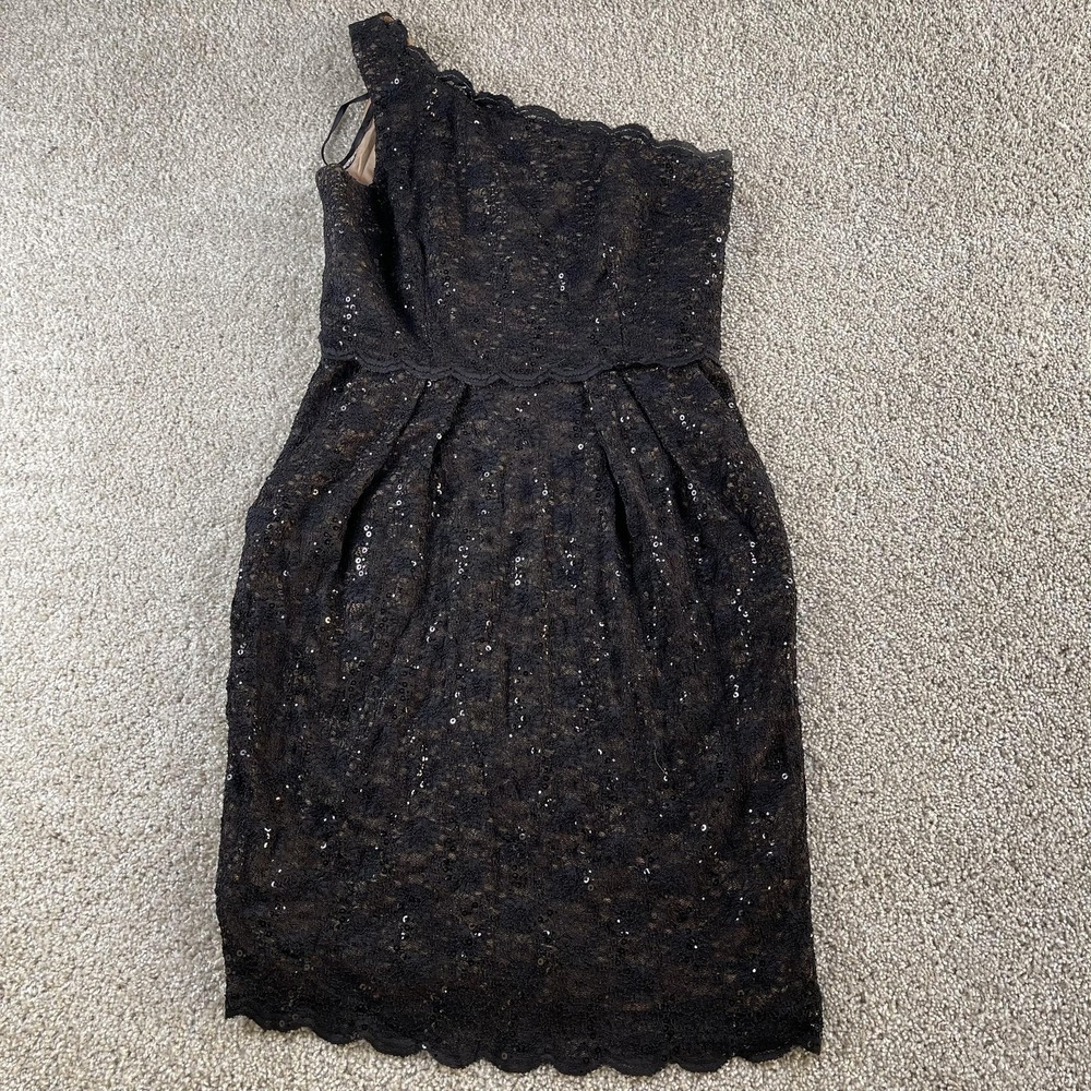 Alex Evenings Dress Womens 10 Black Lace One Shoulder Sequin Sheath Knee Length